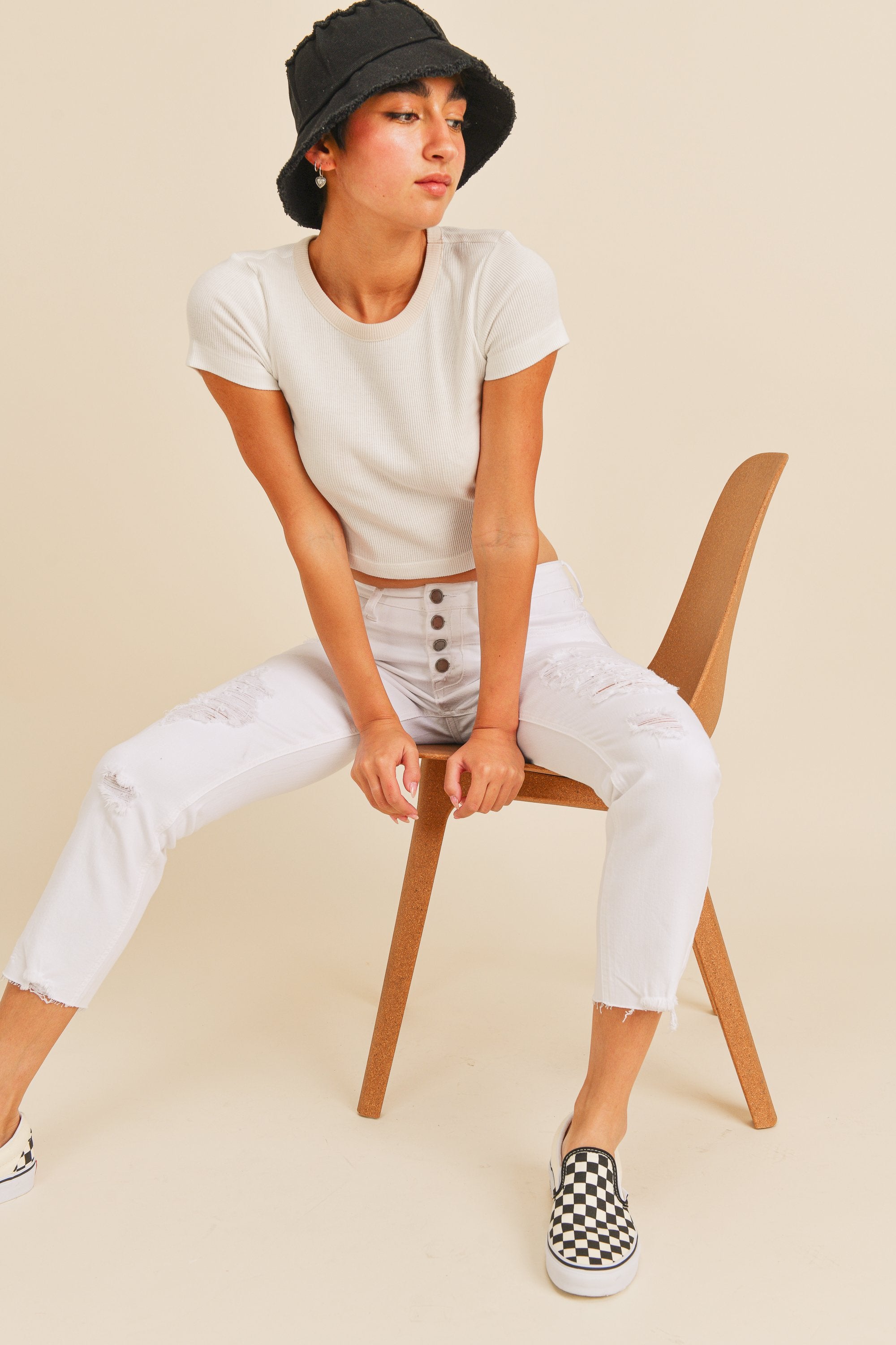Woman modeling denim.
