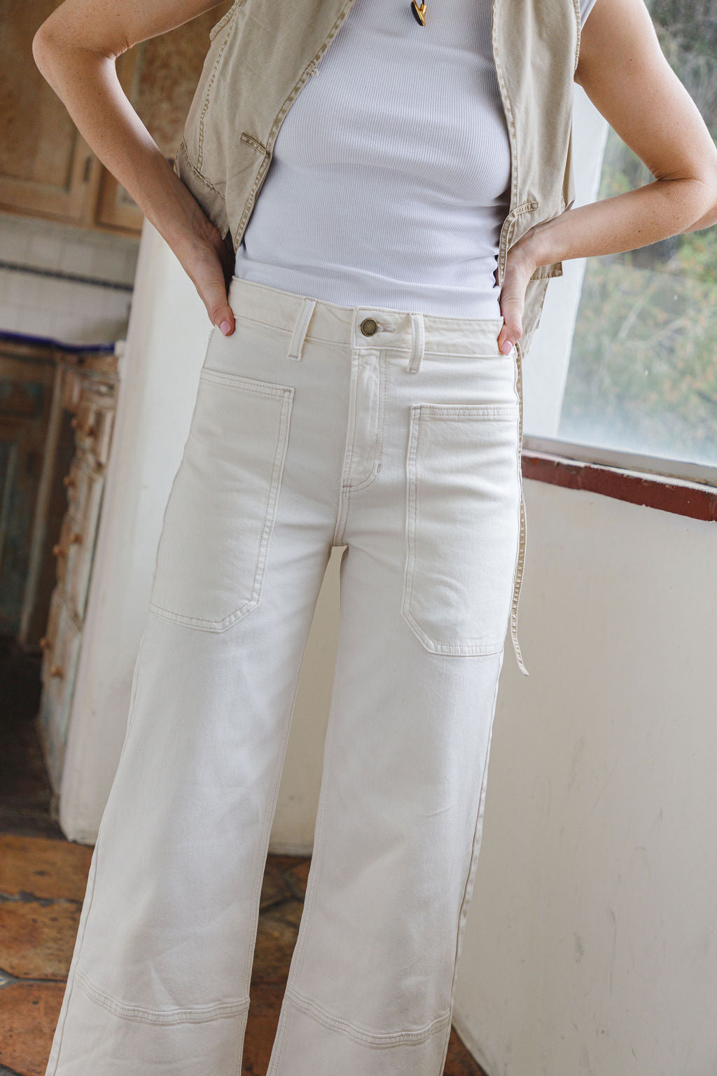 Woman modeling denim.