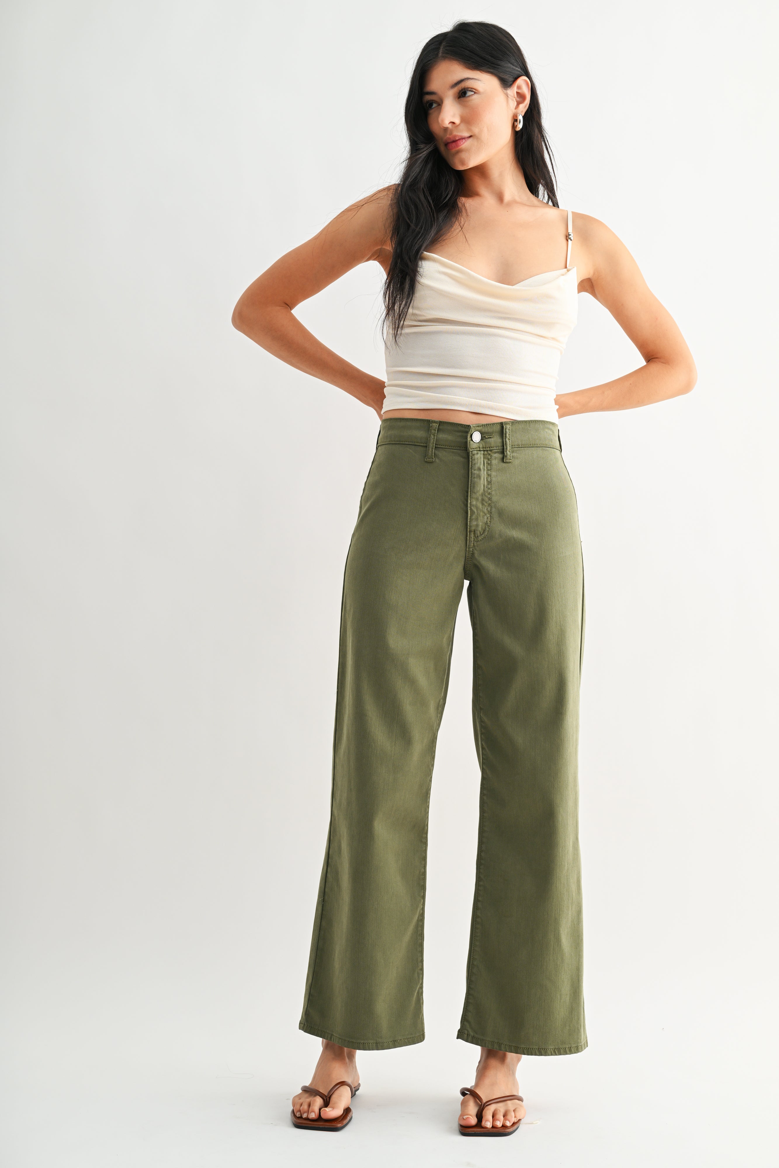 Clara Mid Rise Stretch Twill Trouser | Women's Wide Leg Trousers