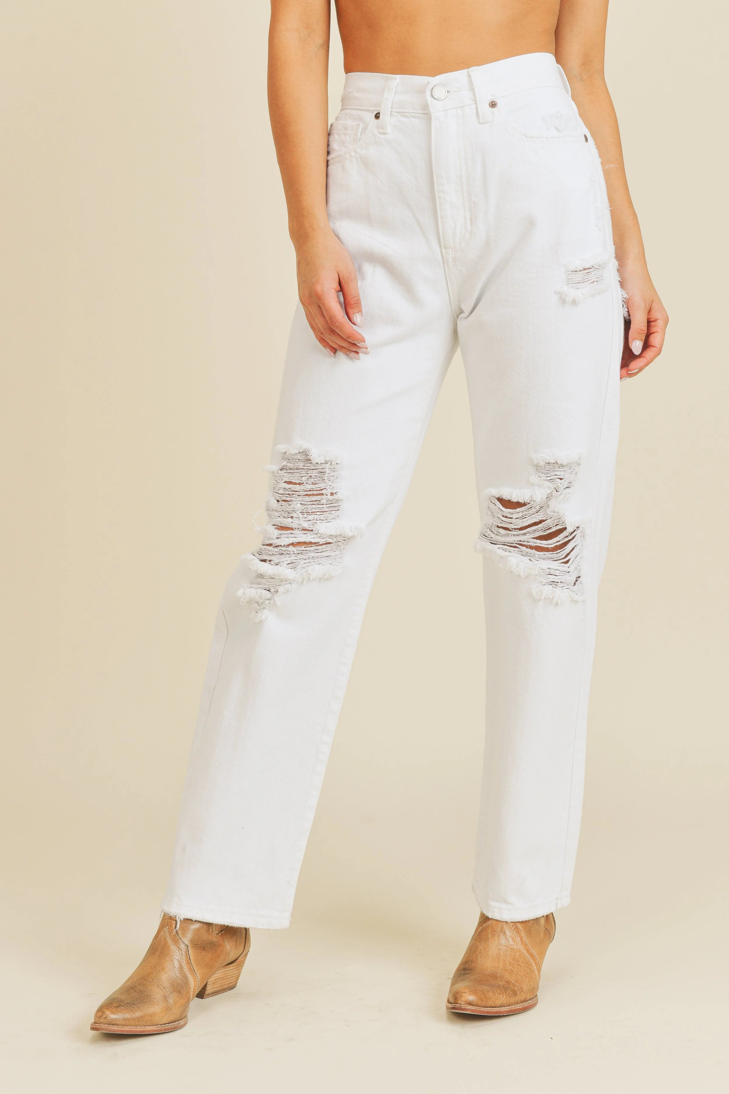 Woman modeling denim.