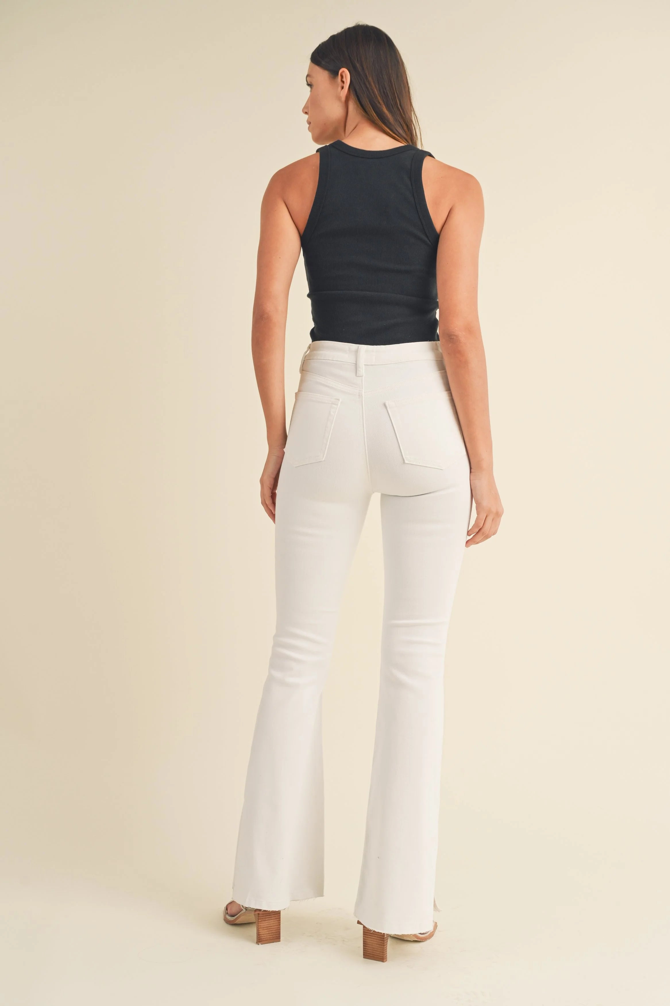 Woman modeling denim.