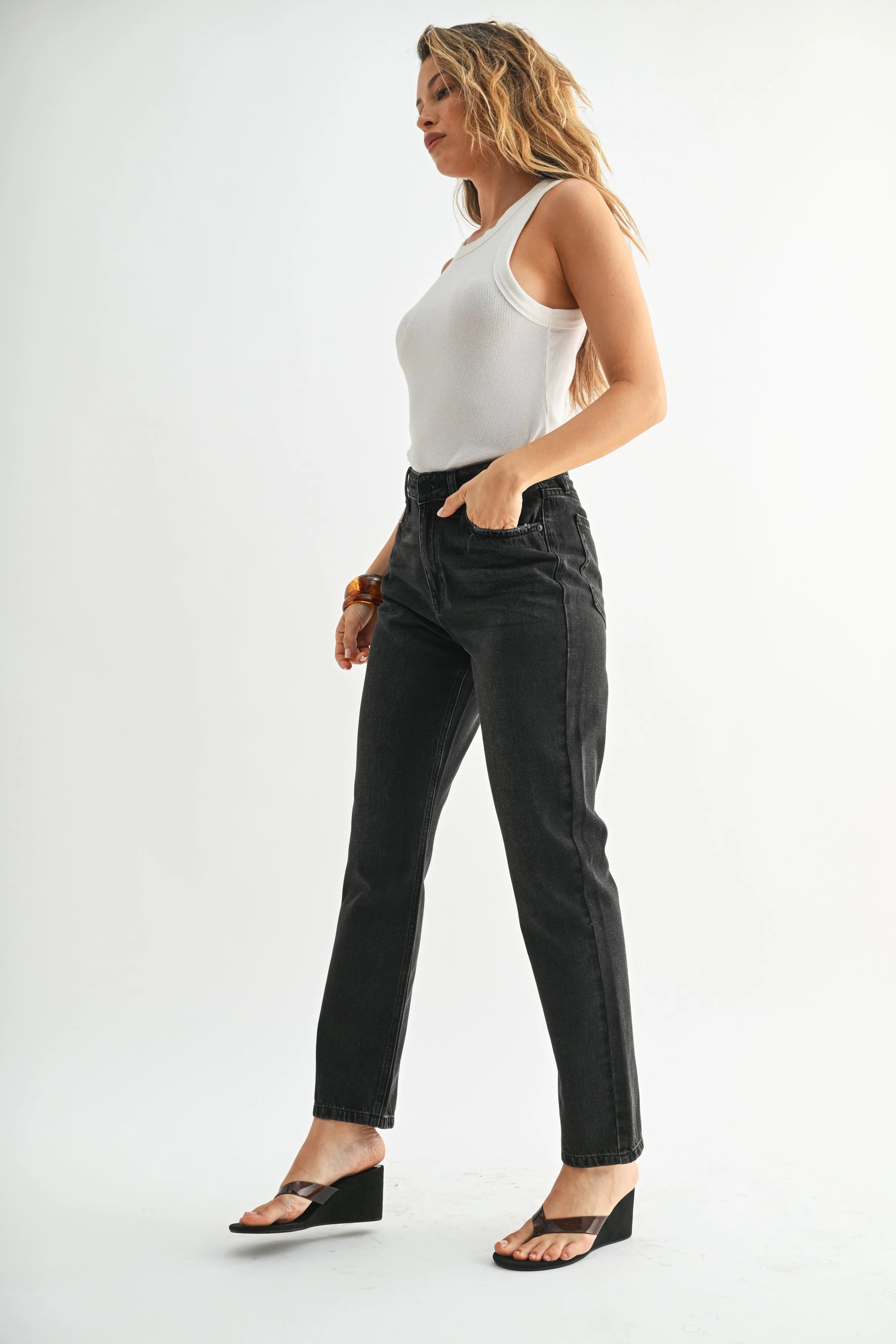 Woman modeling denim.