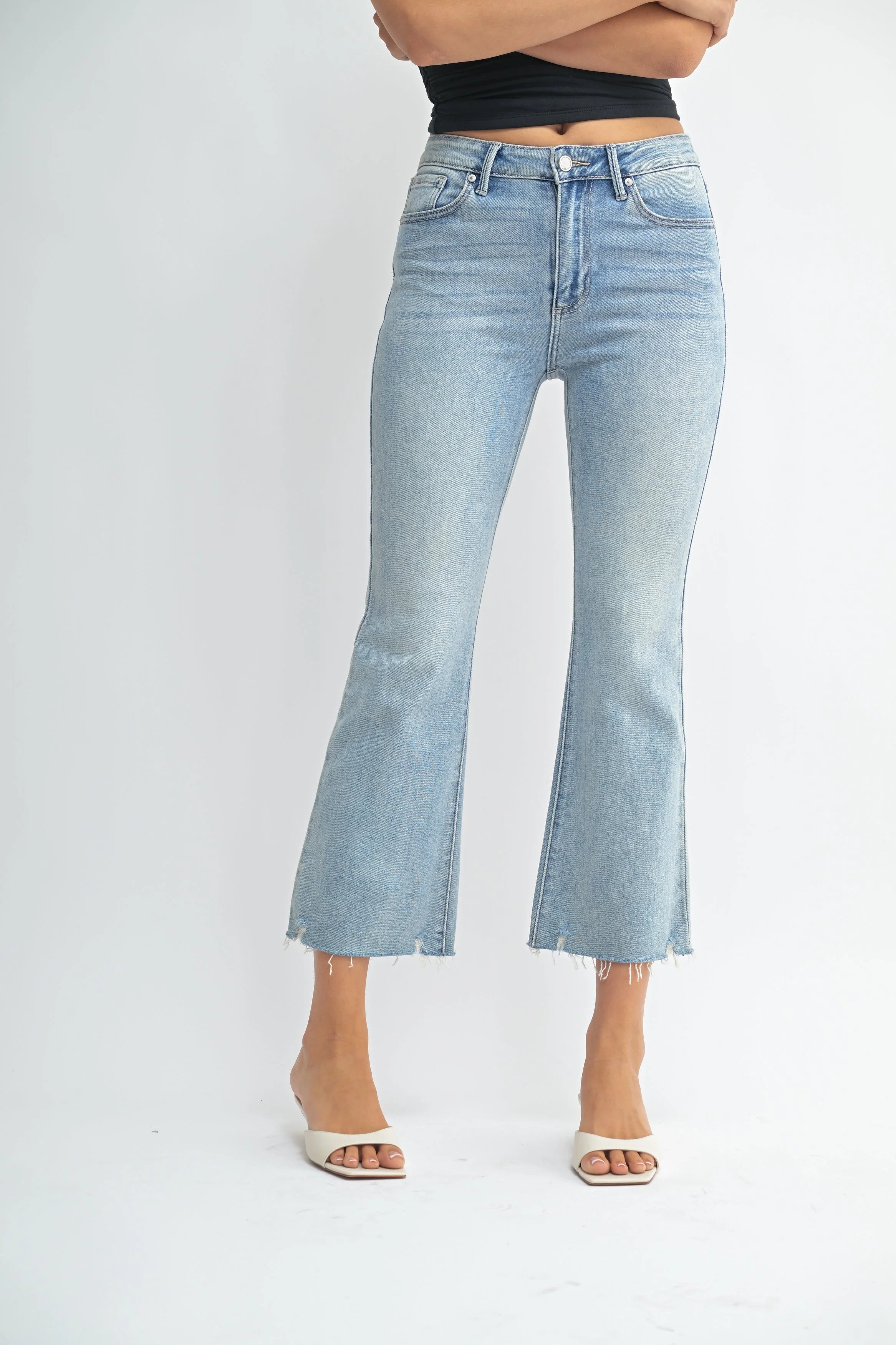 Woman modeling denim.