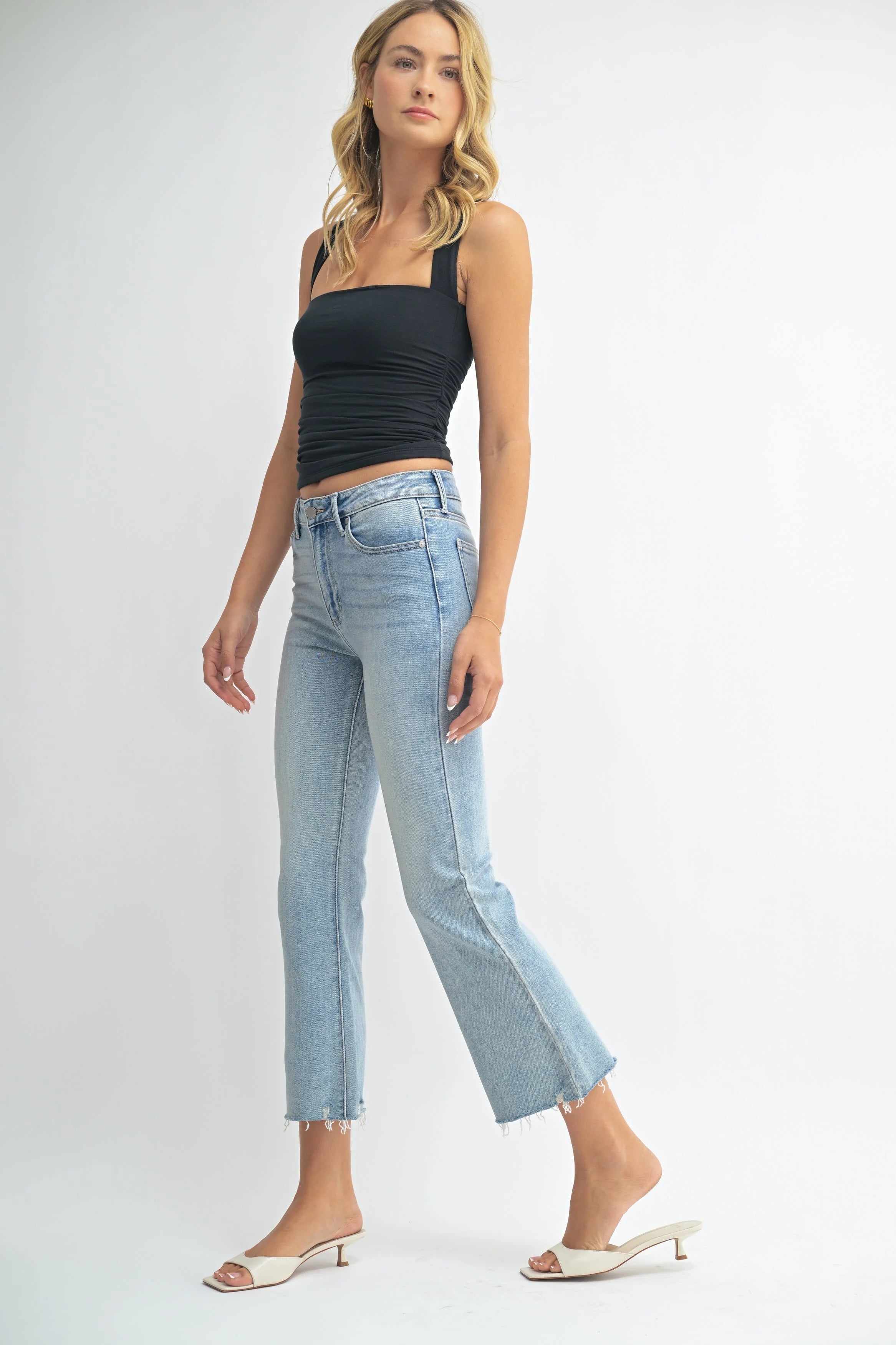 Woman modeling denim.