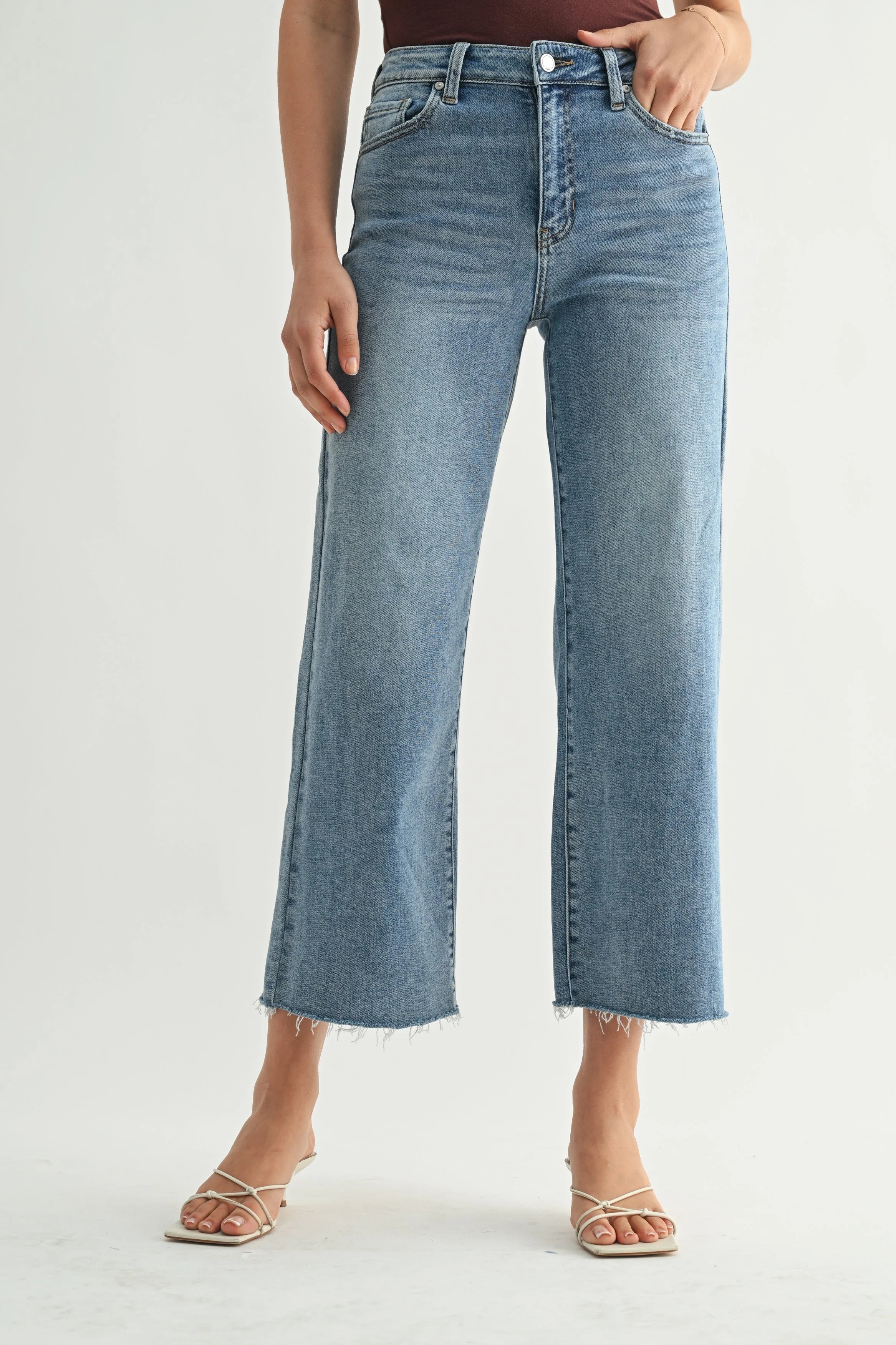 Woman modeling denim.