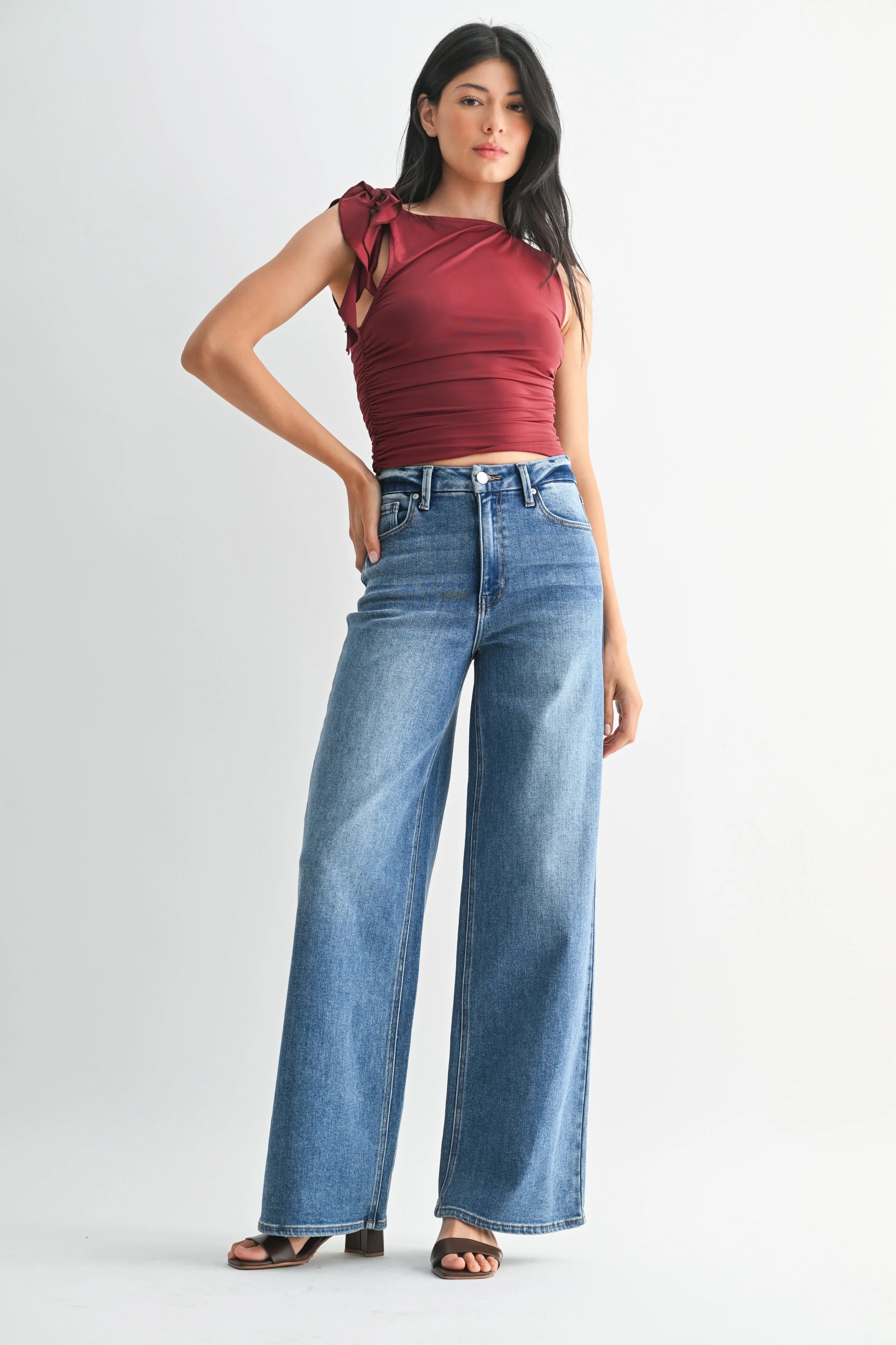 Woman modeling denim.