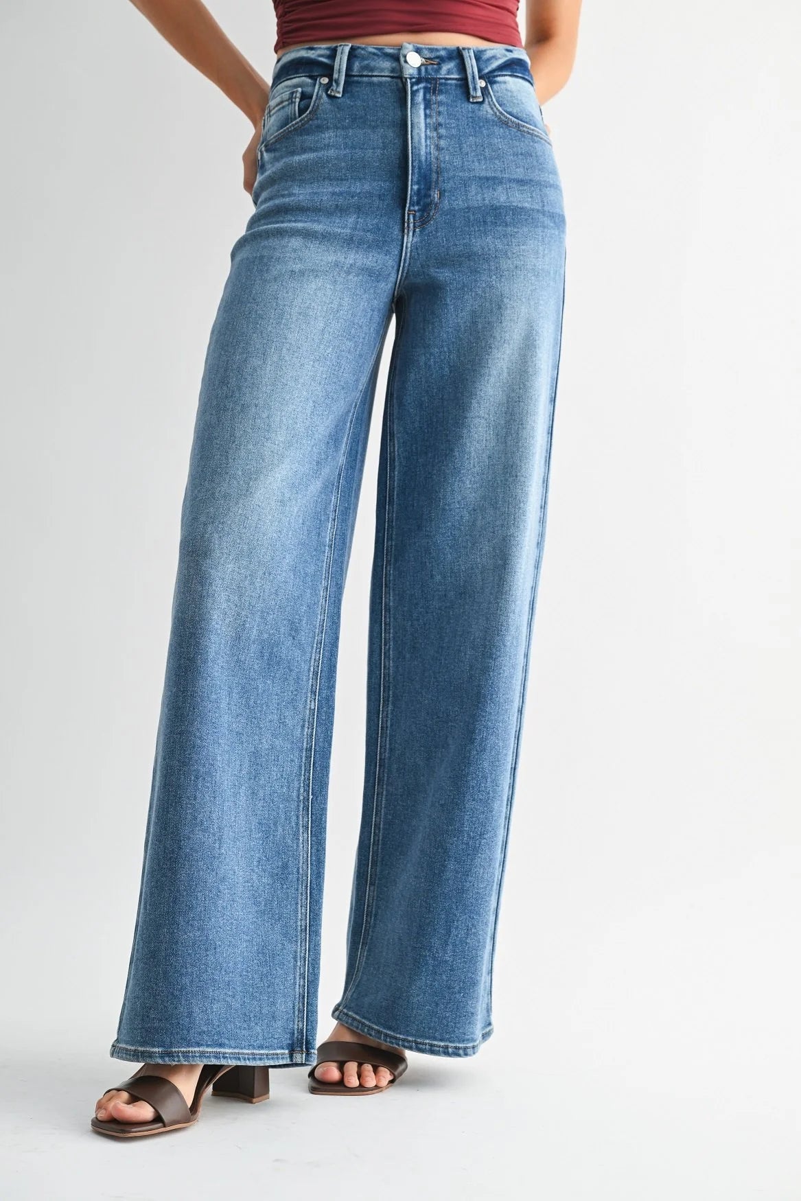 Woman modeling denim.