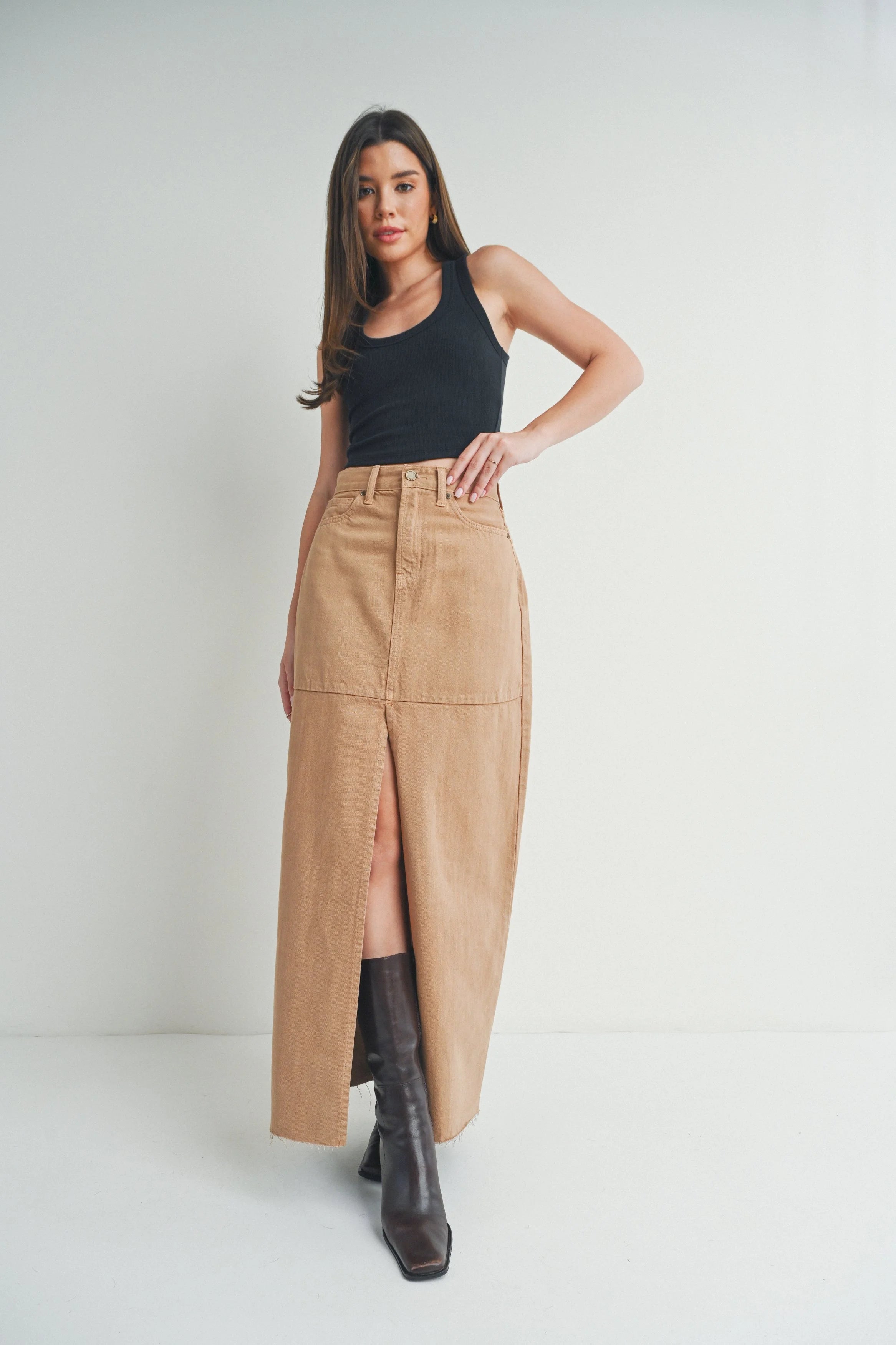 Woman modeling denim.