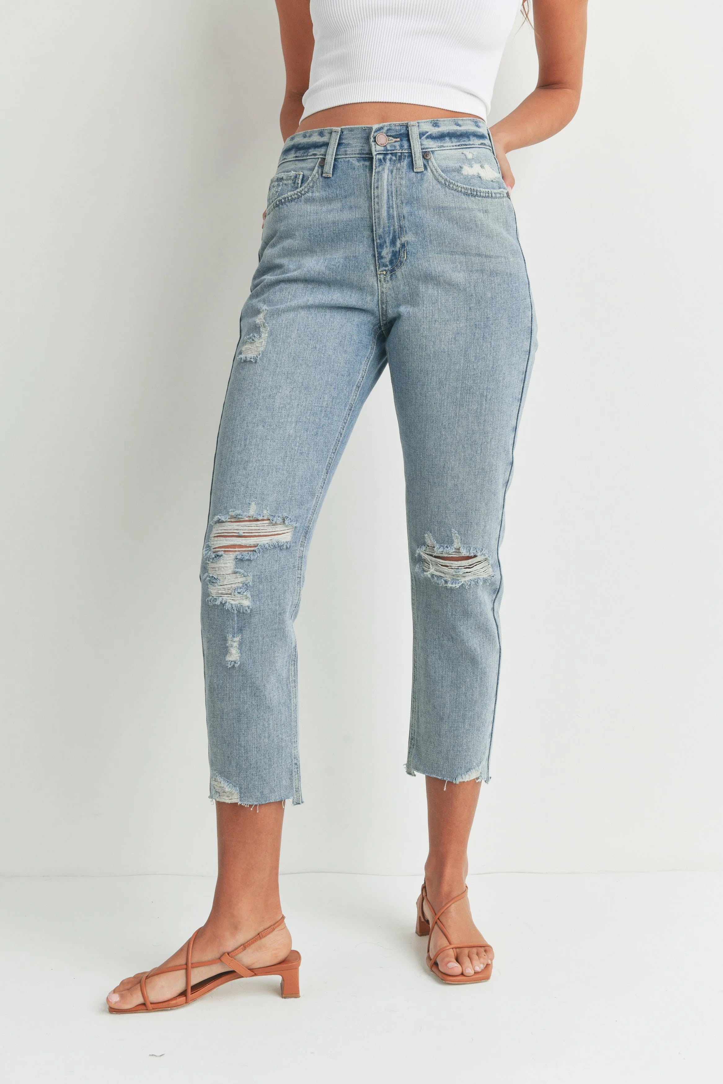 Woman modeling denim.