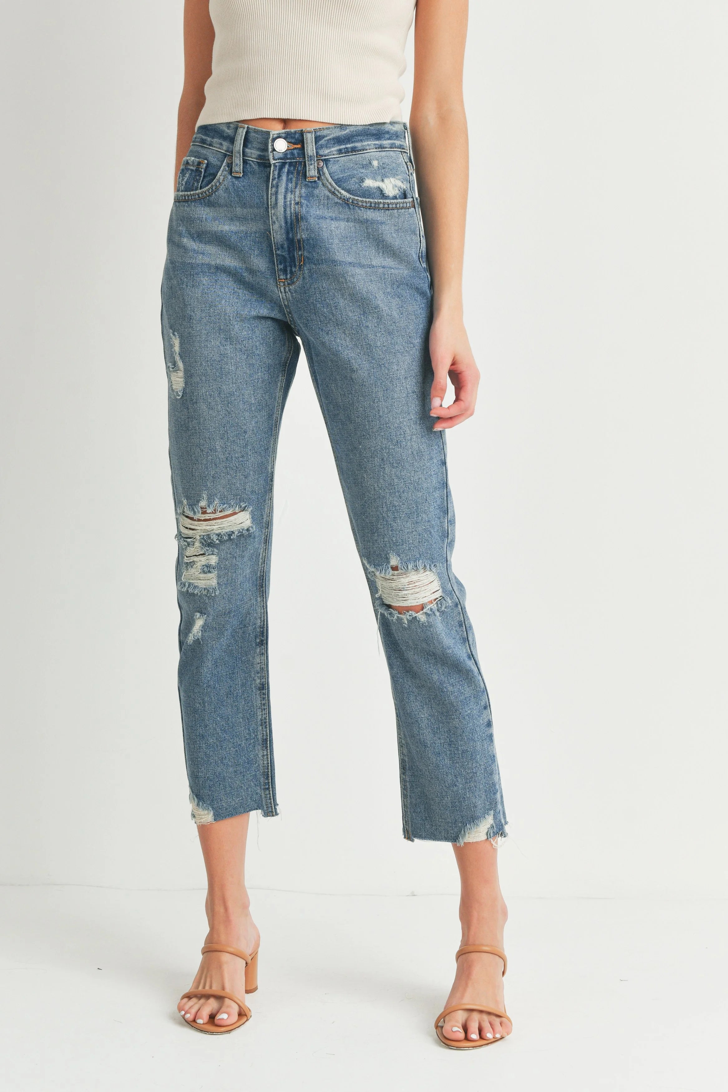 Woman modeling denim.