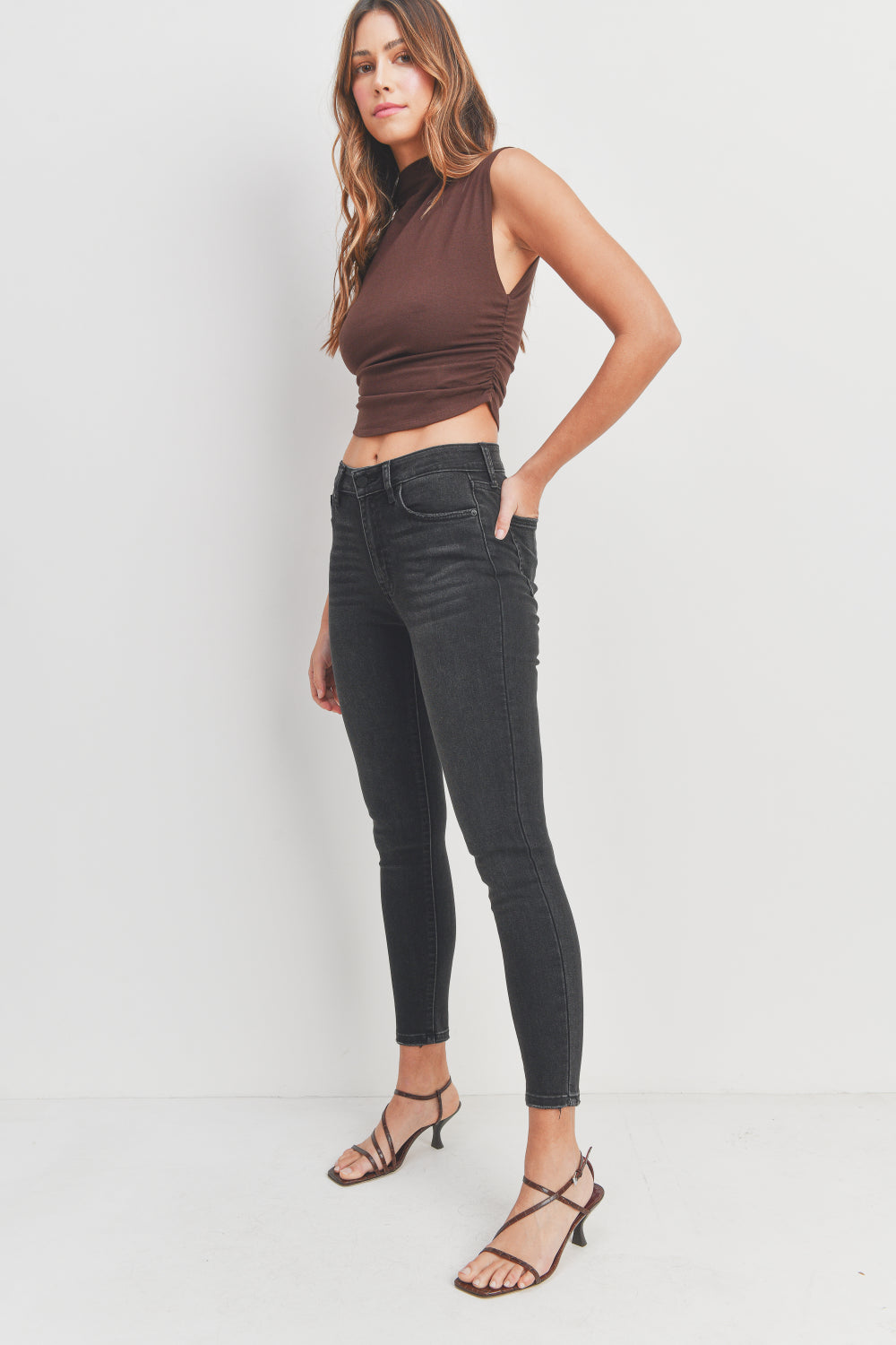 Woman modeling denim.