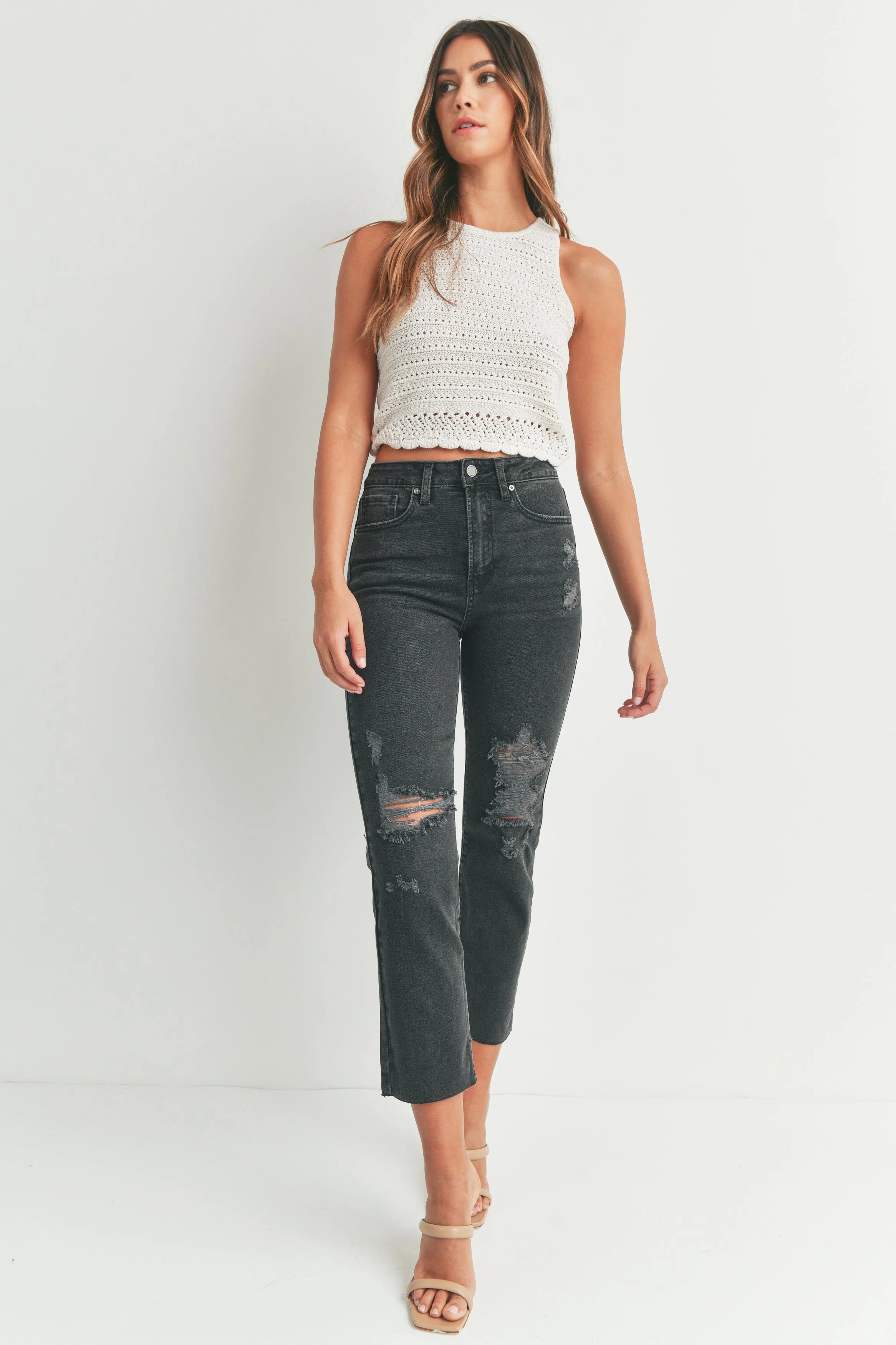 Woman modeling denim.