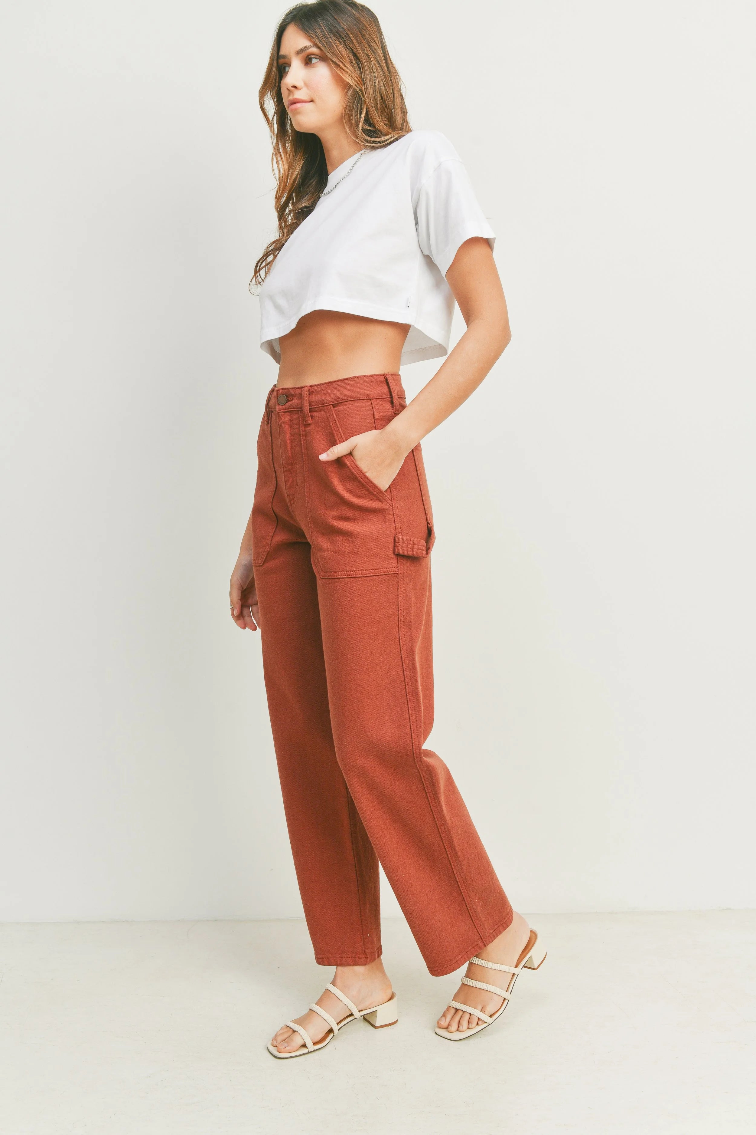 Woman modeling denim.