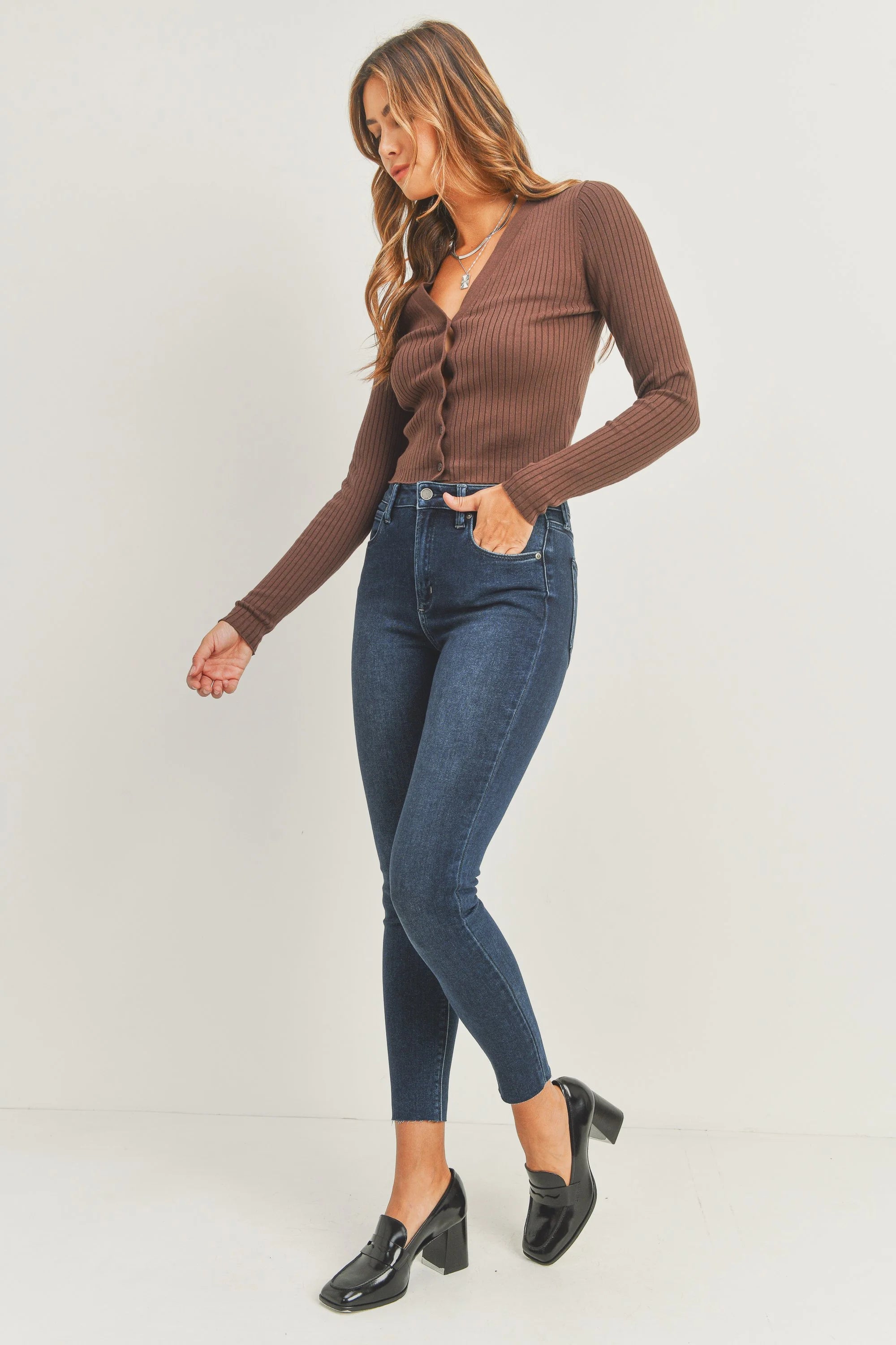 Woman modeling denim.