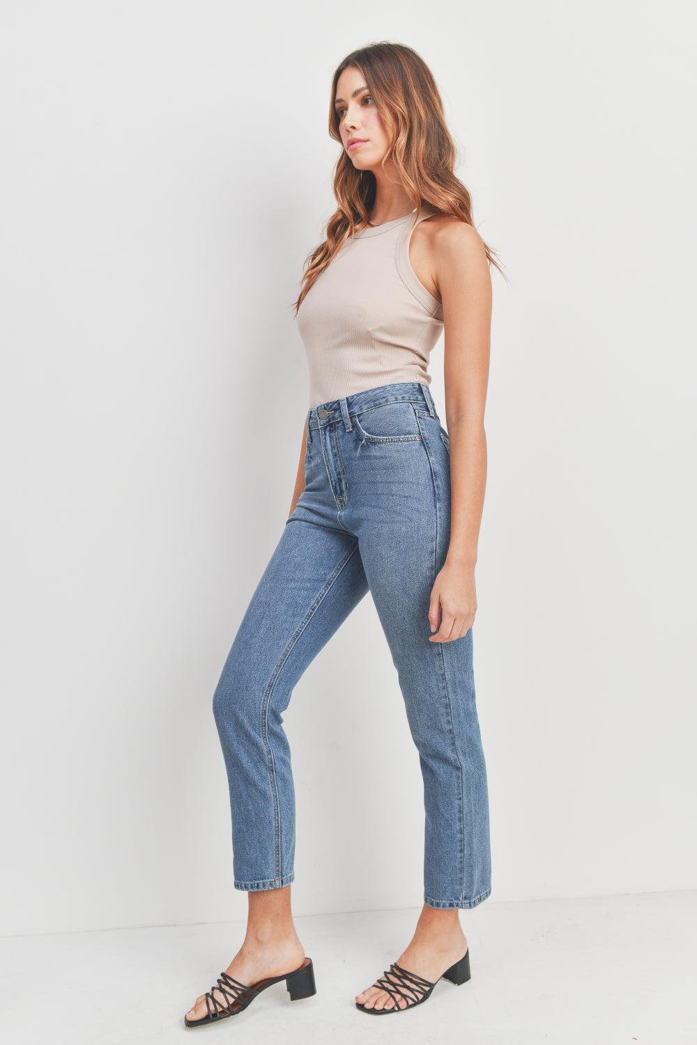 Woman modeling denim.