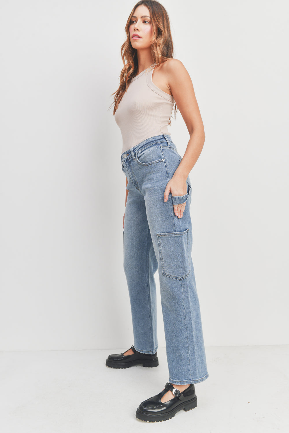 Woman modeling denim.