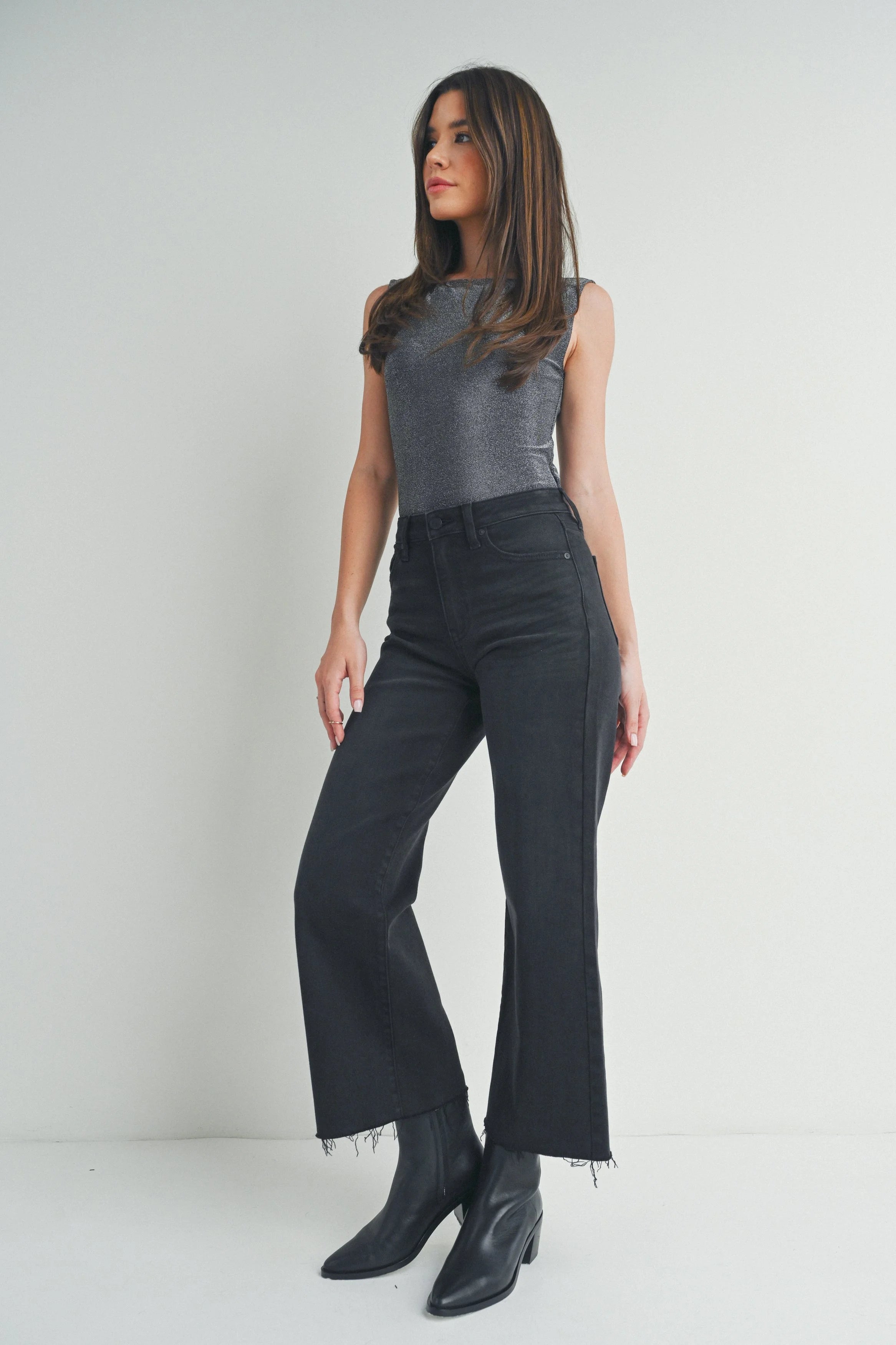 Woman modeling denim.